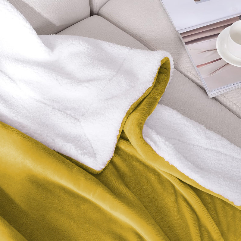 Sanborn Soft Reversible Sherpa Fleece Fur Thick Blanket Throw, 150cm x 200cm, Yellow