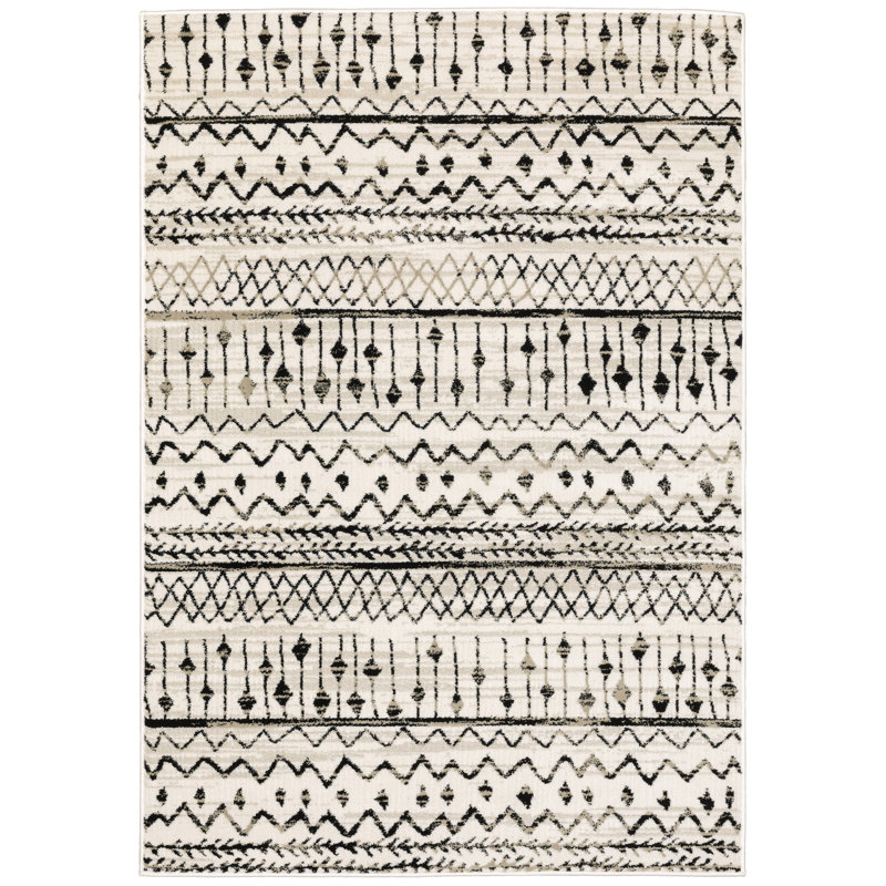 Tapis géométrique ivoire en polypropylène tissé à la machine Basurto, Rectangle 6 pi 7 po x 9 pi 2 po