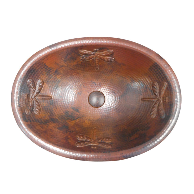 19" Oval Copper Bathroom Sink with Dragonfly Design In Rio Grande Patina, Drain Included