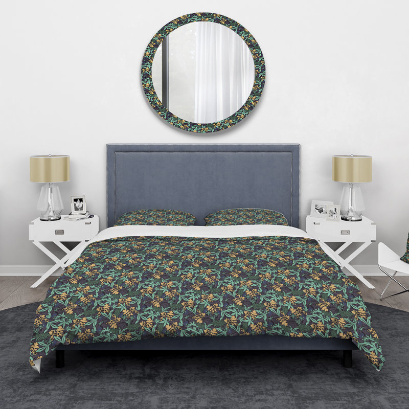 Feuilles tropicales et fleurs sur fond bleu foncé - ensemble de housse de couette moderne - microfibre de polyester