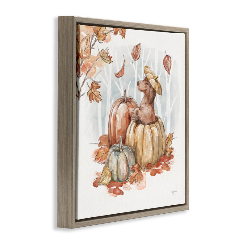 «Fun Dachshund & Pumpkin» par Mary Urban, Cadre flottant orme Montalcino, H 25 po x l 25 po