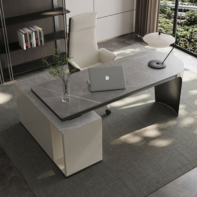 62,8 po. Blanc beige + pierre frittée en L doré + bois manufacturé + bureau en acier inoxydable avec 3 tiroirs