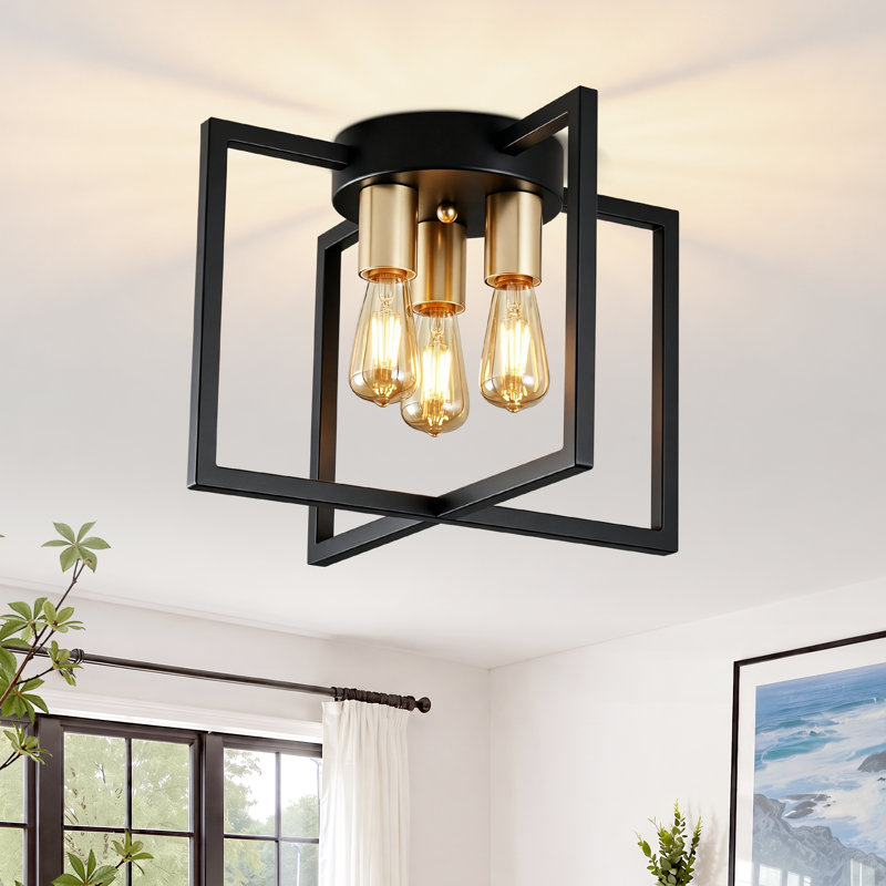 3-Light Metal Flush Mount Ceiling Light, Black & Gold