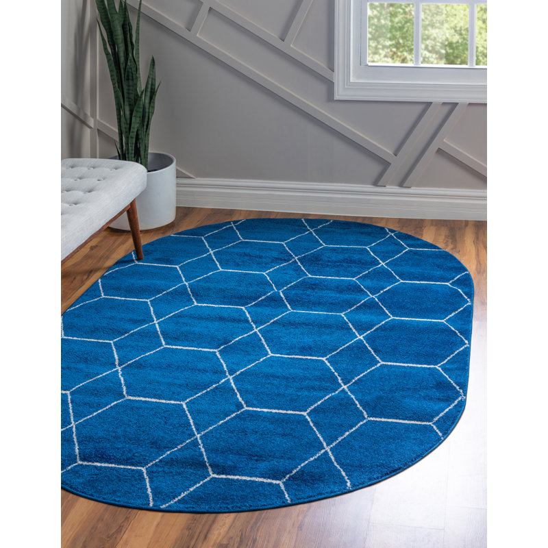 Tapis bleu marine à motif géométrique Debrodie, Ovale 5 pi 3 po x 8 pi