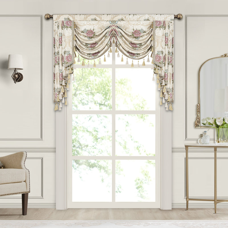 Cantonnière à motif floral avec pampilles, cantonnière en jacquard beige, habillage de fenêtre 1 panneau, L 59 po x L 45 po