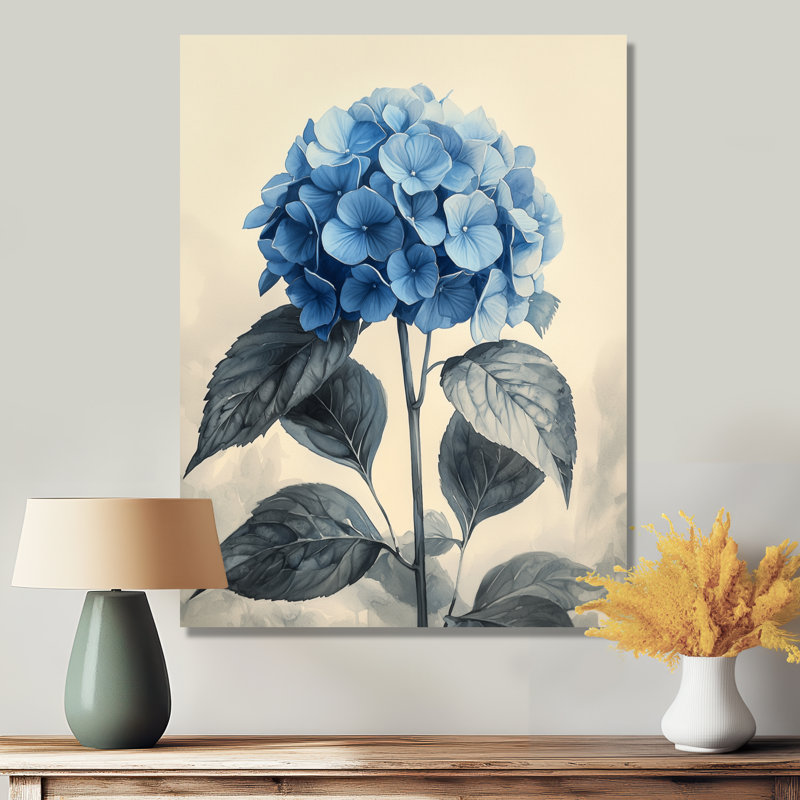 Rétro hortensia en champ monochrome II - hydrangées, impression murale en métal, H 20 po x l 12 po