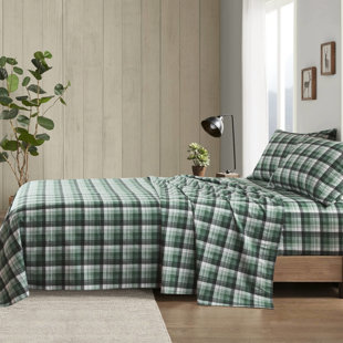 4 Pcs Sheet Plaid 100% Cotton Flannel Brushed Both Sides For Soft Touch Fitted Elasticized - With Flat And Pillowcases Comfortable Elastic Machine Washable