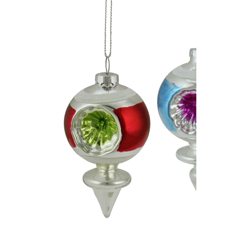 Ornement de Noël rétro en forme de fleuron en verre réfléchissant 3,75 po, Rouge / Vert
