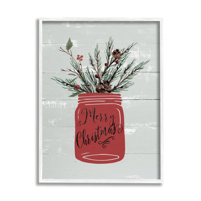 «Red Merry Christmas Country Jar Winter Holly Pine», art numérique de la giclée encadrée par Jo Moulton