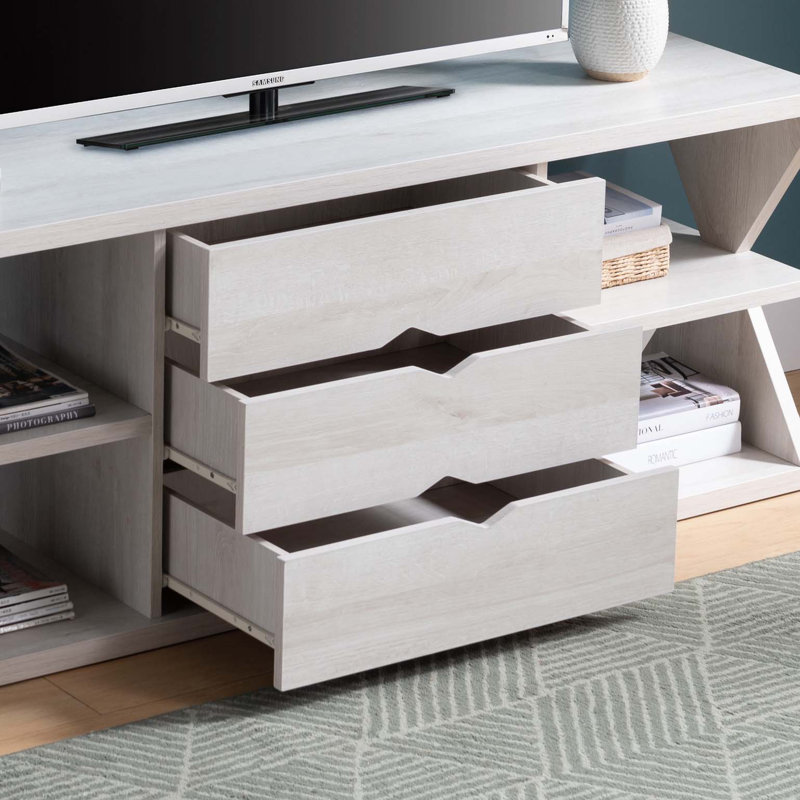 Meuble télé moderne avec quatre tablettes ouvertes et trois tiroirs de rangement - Chêne blanc