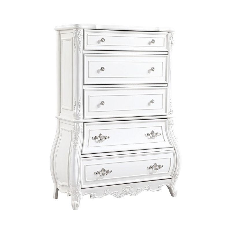 Commode 5 tiroirs de style moderne en bois blanc perle