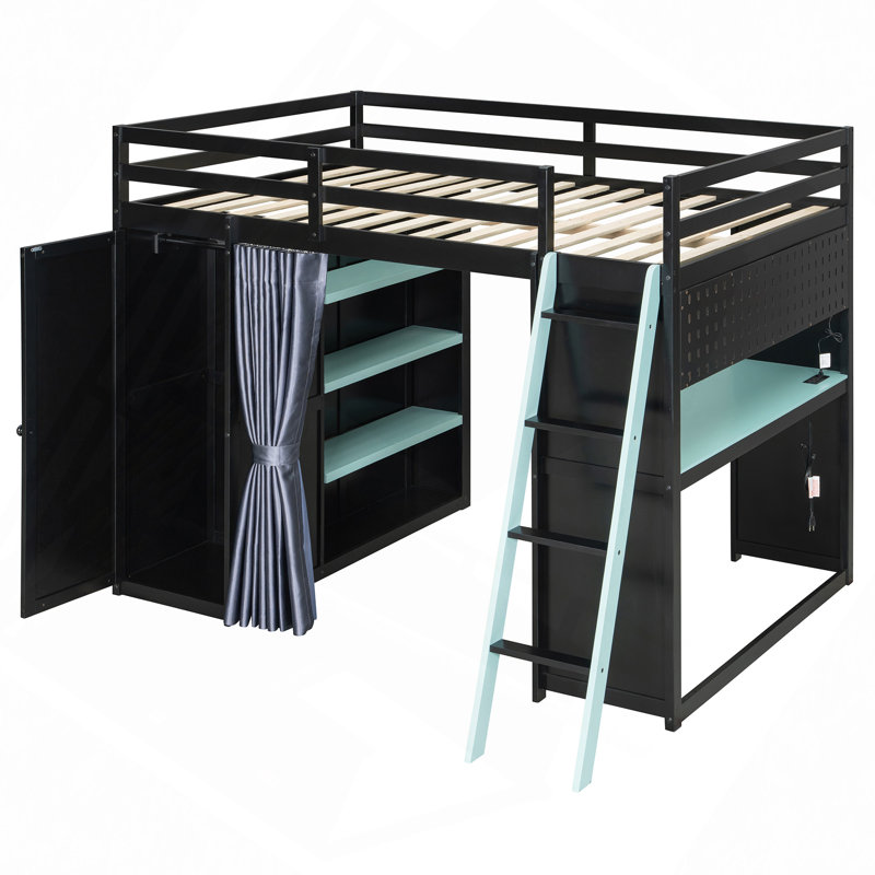 Lit mezzanine en bois avec garde-robe, rideaux à tablettes et lumières RVB, Noir / Bleu