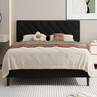 Bed Frames with Button Tufted Headboard, Linen Upholstered Platform Bed with Wooden Slats Support, Easy Assembly, No Box Spring Required
