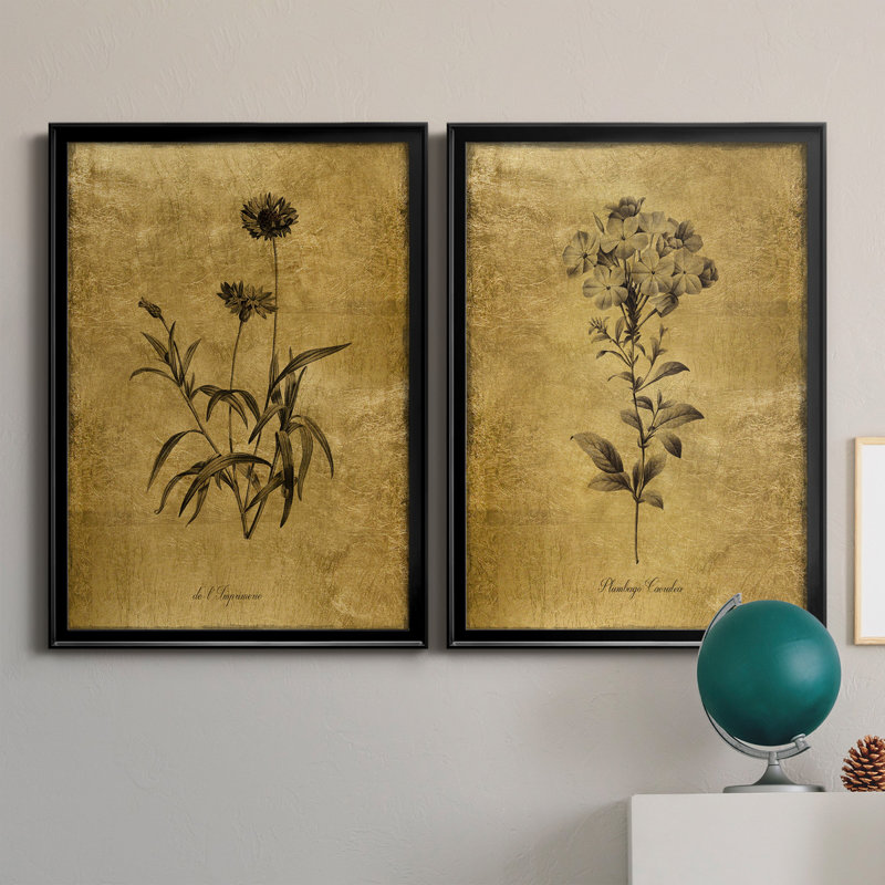 Croquis d'or Botanique I - Ensemble de 2 peintures sur toiles, H 26,5 po x l 73 po, Toile encadrée, Noir
