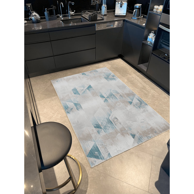 Tapis décoratif moderne à motif géométrique beige et bleu, Tapis de couloir 3 pi 3,37 po x 6 pi 6,74 po