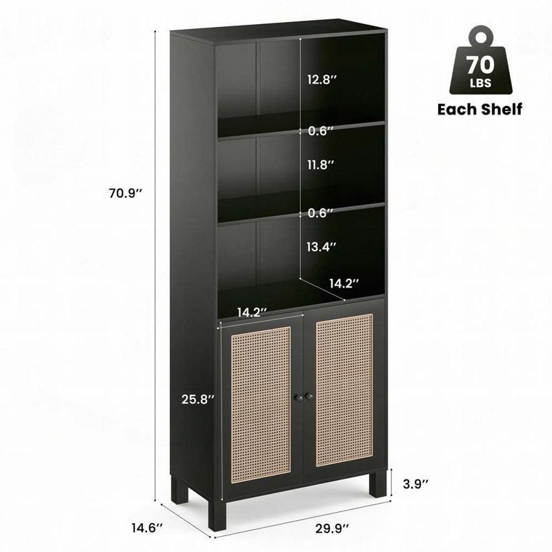 Bibliothèque avec portes en rotin, 5 tablettes de rangement en bois, Noir