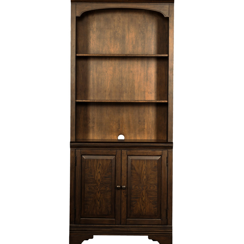 Bibliothèque en chêne bruni avec solution de rangement à 2 portes, cinq tablettes horizontales, trois tablettes réglables, gestion des câbles pour une installation soignée des câbles dans l'armoire principale, tablettes, tablettes réglables