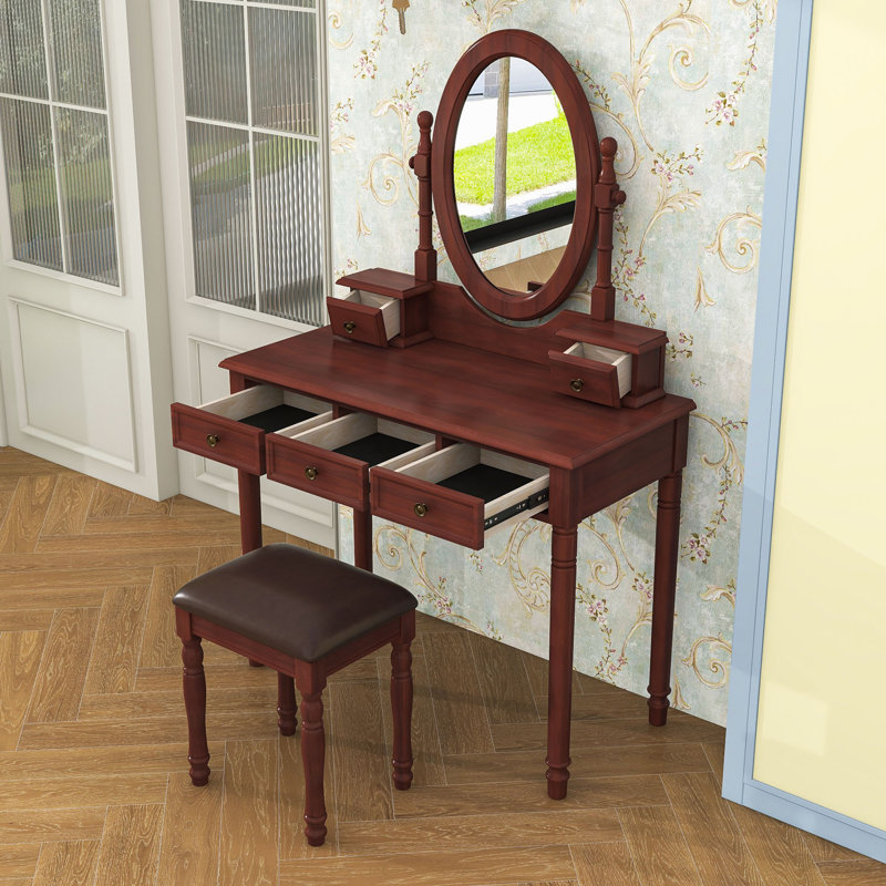 5 Drawers Vanity Makeup Desk with Mirror and Upholstered Stool, Walnut
