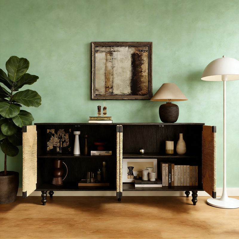 Buffet de porte en ruppie naturelle avec pieds en bois massif et rangement spacieux pour la salle à manger ou le vestibule