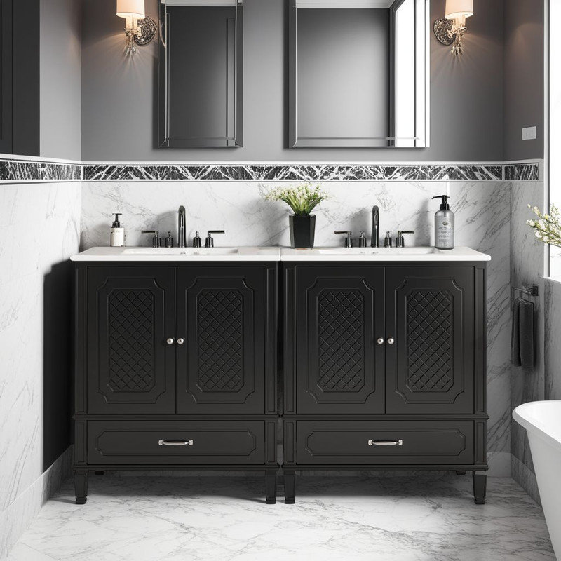 Ensemble de meuble-lavabo double 60 po, Noir, noir, noir, noir, Ensemble central de 9 po