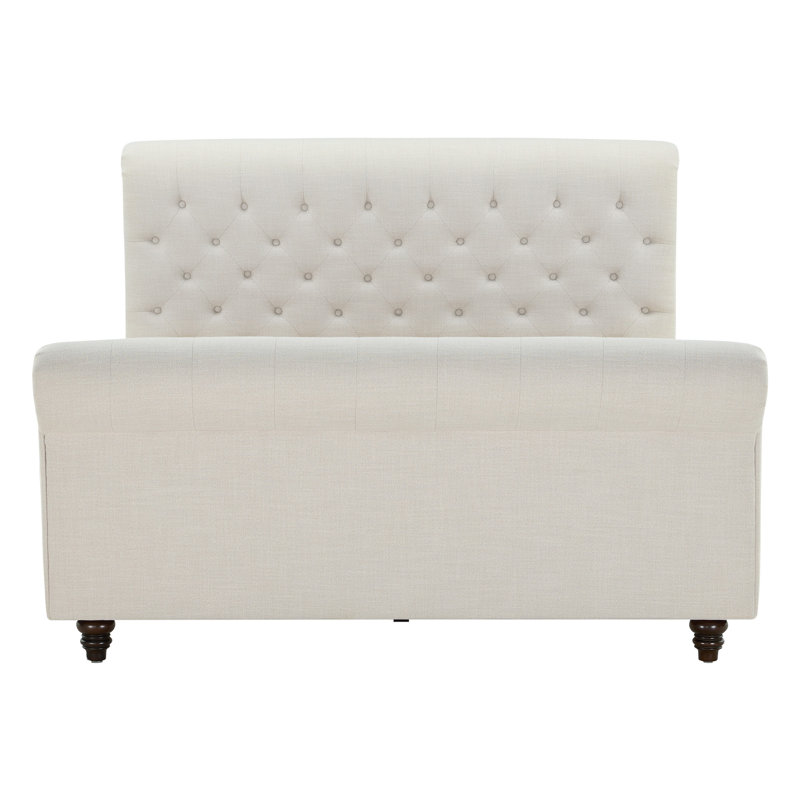   Waverly Upholstered Tufted Solid Wood Sleigh Bed with Scroll Headboard, Effie Linen Performance Linen, Queen