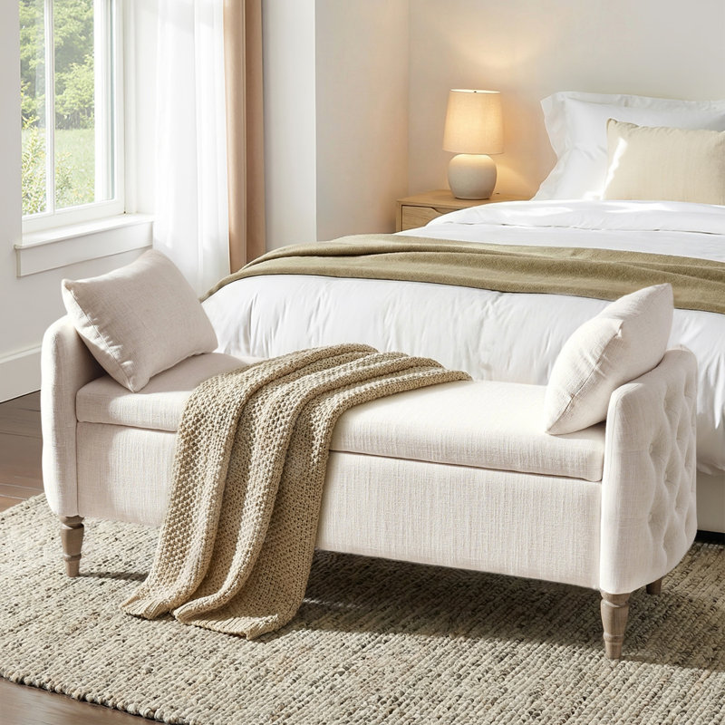 Aristides Farmhouse Flip Top Storage Bench With Two Pillows And Solid Wood Legs, Ivory