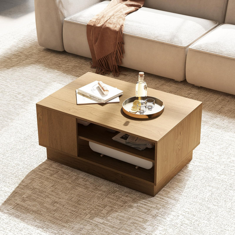 Pedestal Coffee Table with Storage, Natural Wood