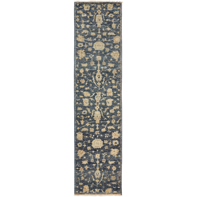 Maalak Wool Flroal Area Rug in Navy, Runner 2'6" x 10'