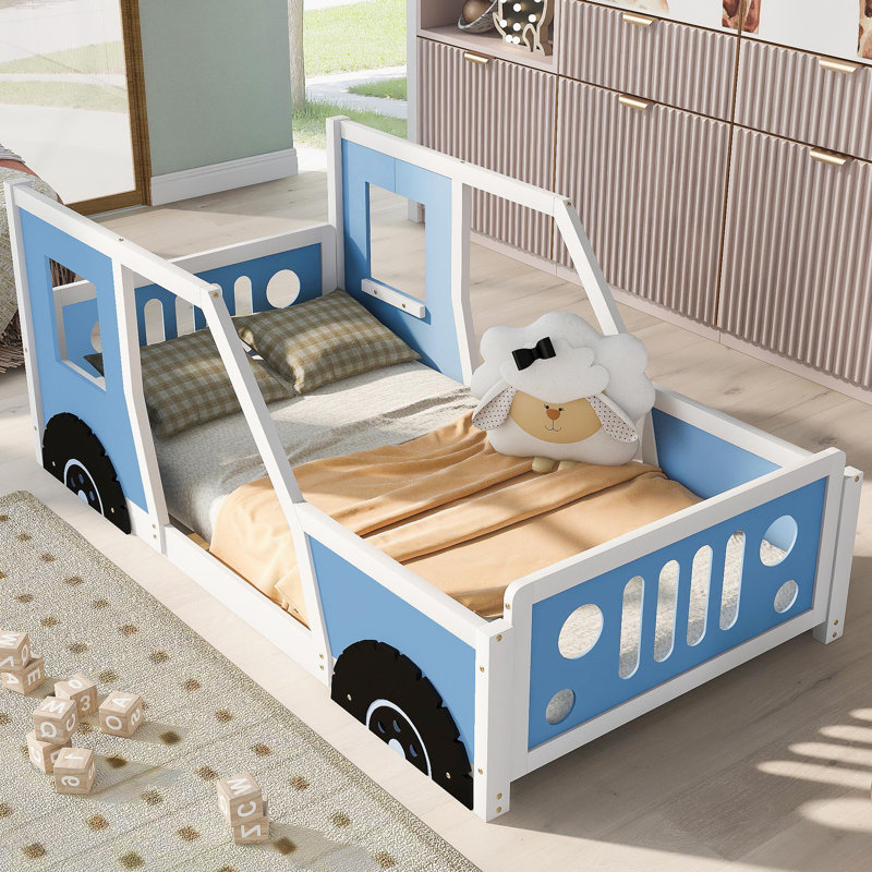 Lit plateforme simple en forme de voiture avec roues, bleu