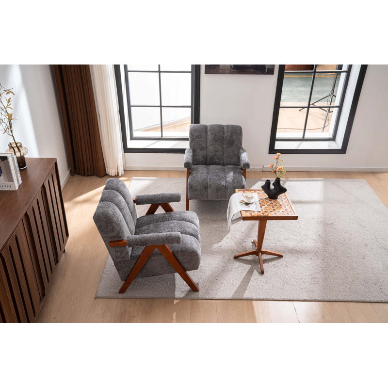 Ensemble de 2 chaises d'appoint en chenille de style Mid-Century moderne en forme de nuage, fauteuils de salon en bois massif pour le salon et la chambre à coucher