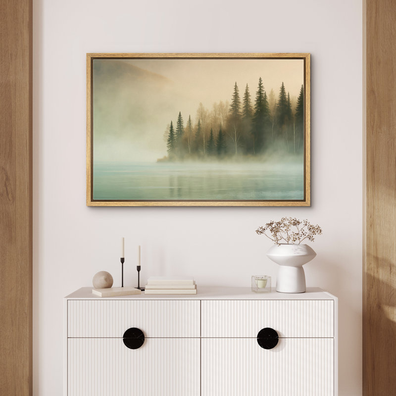 «Misty Forest Lake with Evergreen Trees and Soft Morning Light», reproduction d'art sur toile encadrée
