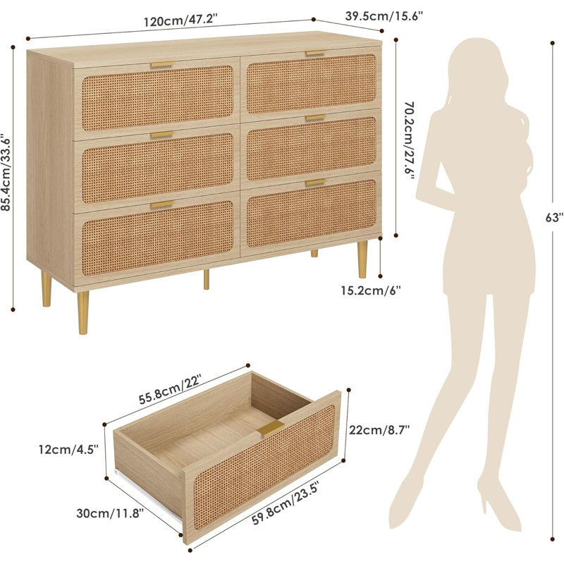 Rattan 6 Drawer Dresser For Bedroom, Large Double Dresser With Deep Drawers, Wooden Chest Of Drawers For Closet With Wide Top