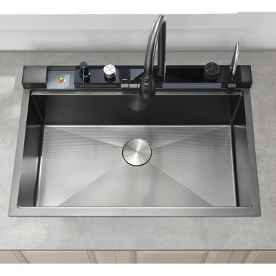 33 X 22 Inch Black  High-Arc Multifunctional Kitchen Sink Faucet Combo With Pull-Down Sprayer, Overmount