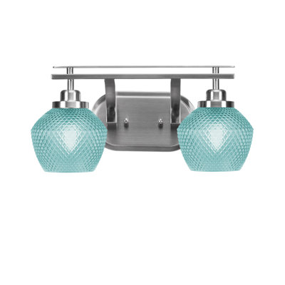Barre d'éclairage de salle de bain 2 lumières Odyssey en nickel brossé, verre texturé turquoise 6 po