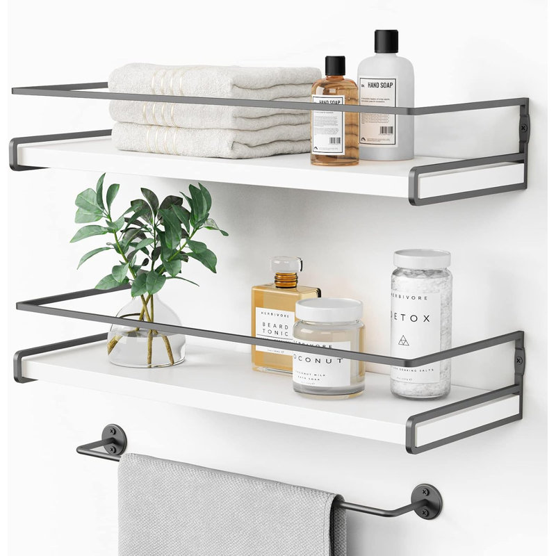 White Floating Shelves, Suitable For Bathroom Storage Above The Toilet, Wall-Mounted Bathroom Shelves With Towel Racks, Bedroom Decoration, Kitchen Storage Corner Wall Shelves (White, 2-Piece Set)