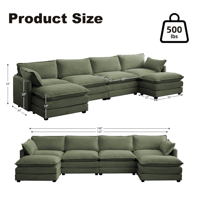 Redenius 6-Piece 148'' Upholstered U-Shape Sectional, Avocado Green Corduroy