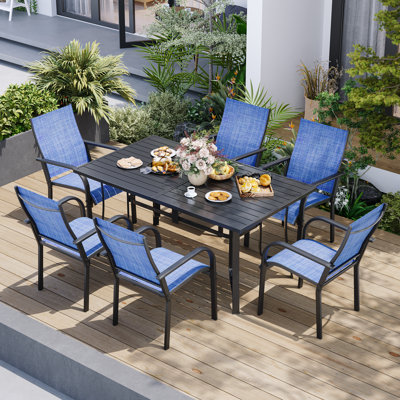 7-Piece Outdoor Dining Set For 6, Patio Table And Textilene Chairs, Outdoor Table And Chairs With Umbrella Hole, Brown/Gray/Blue