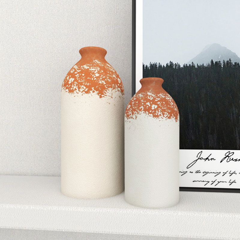 Set of 2 White and Terracotta Ceramic Bottle-Shaped Vases