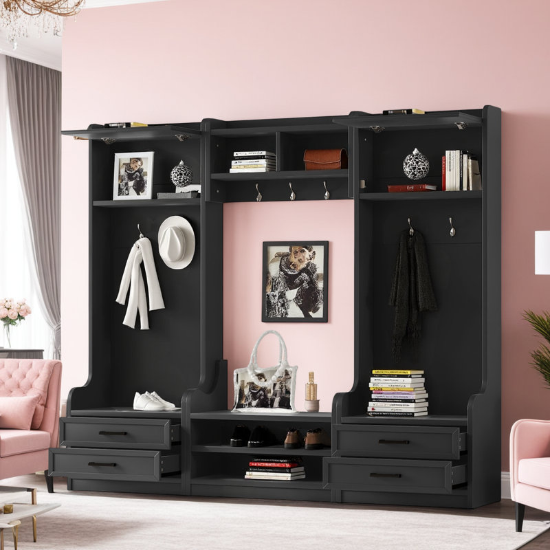 4-in-1 Entryway Hall Tree with Storage Cabinets, Drawers & Coat Hooks, Black