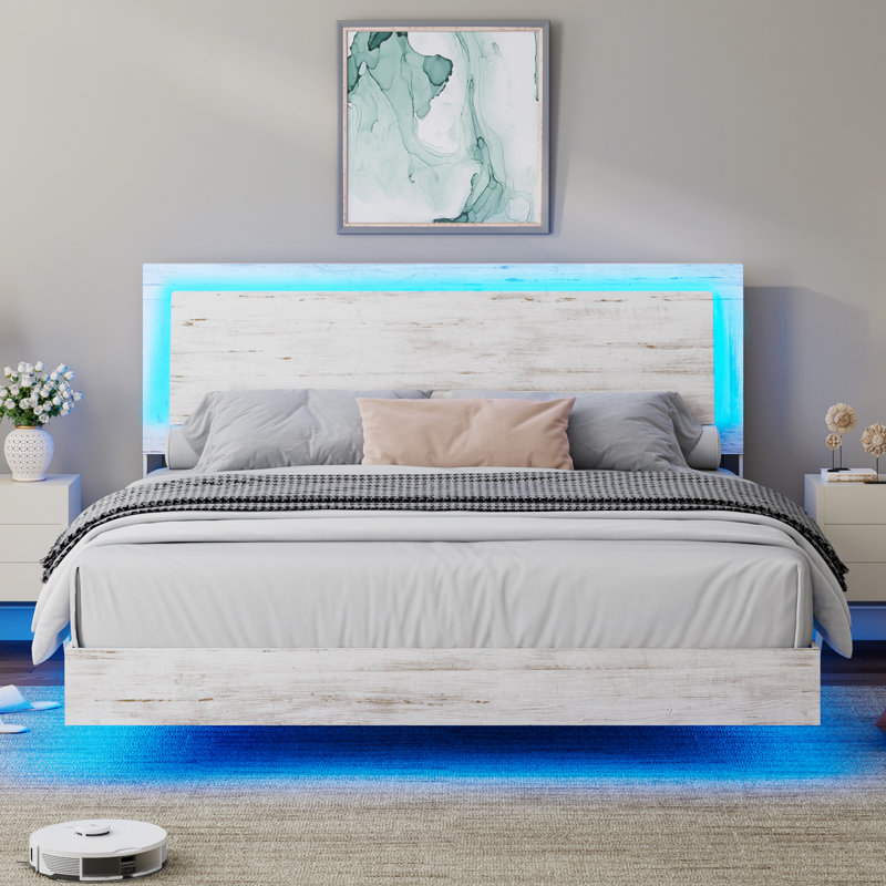 Keynen Farmhouse Floating Bed Frame with LED Light and Headboard, White, Queen
