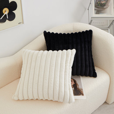 (Covers With Inserts ) One Cream & One Black Throw Pillows FULL set  18"x18" Faux Fur
