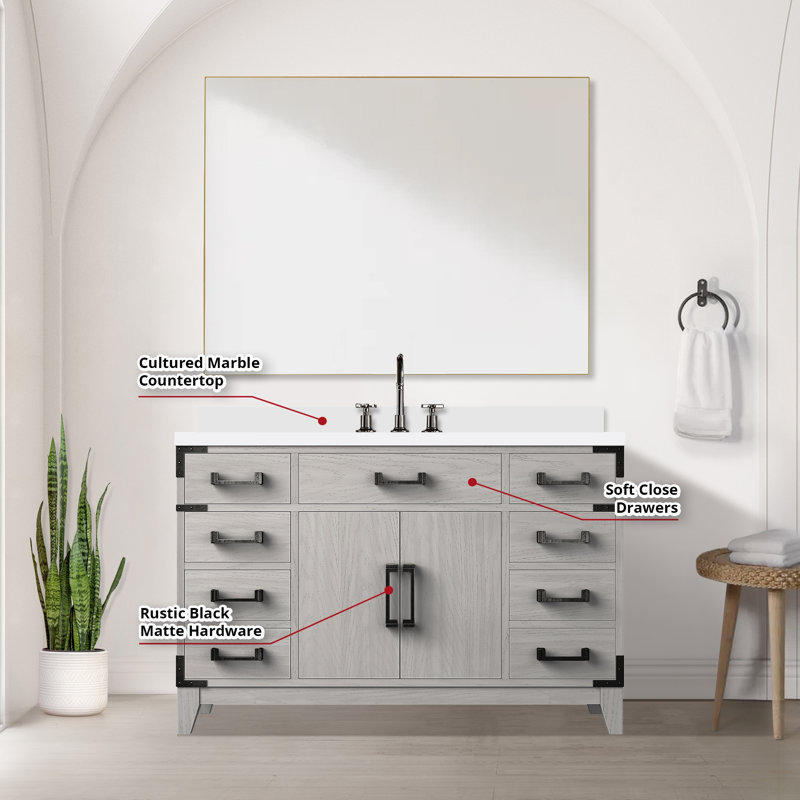 Laurel 48 in W x 22 in D Single Bath Vanity Mirror and Faucet Set, White Carrara Marble, Brown Oak