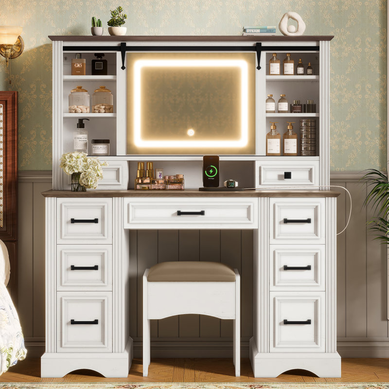 Bureau de maquillage avec miroir, coiffeuse avec tabouret de rangement et 9 tiroirs