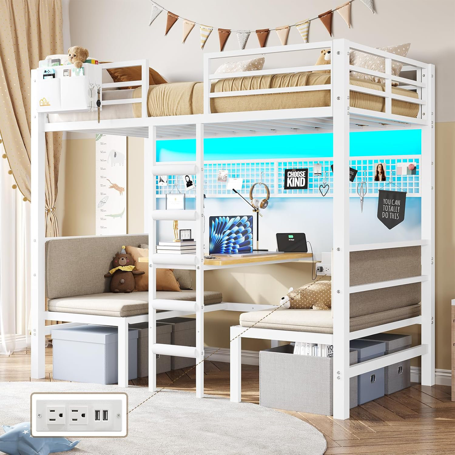 Hasuit Twin Size Loft Bed With U-Shaped Desk, Charging Station &LED Lights, Metal LED Twin Loft Bed With Open Storage Shelves, Safety Guardrail & Double Ladder,No Box Spring Needed, Black Loft