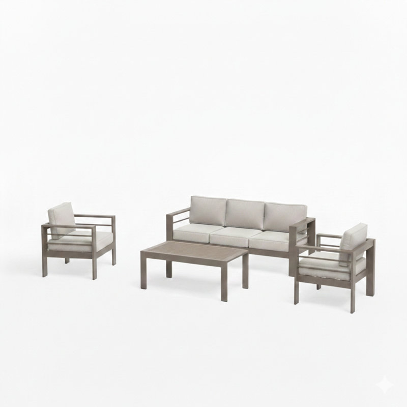 All-Weather 4-Piece Modern Metal Patio Furniture Set, Beige, Light Khaki
