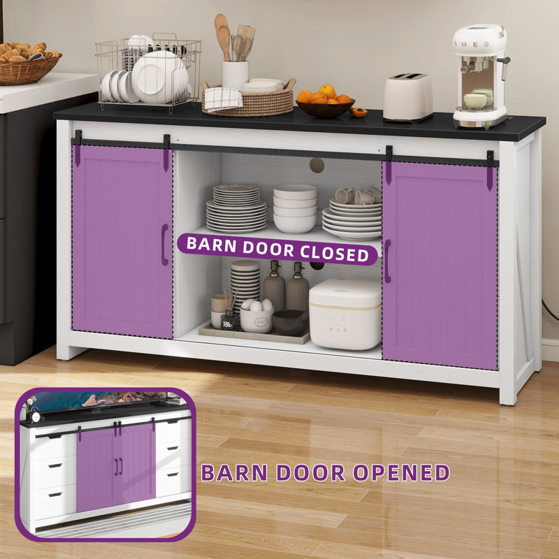 Farmhouse Entertainment Center 6 Drawers Rustic TV Stand Cabinet Media Console Table With Power Outlet Storage And Sliding Barn Doors
