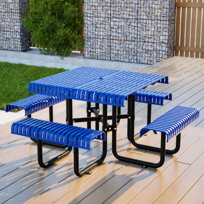 Ensemble repas de patio en métal, grande taille, table de pique-nique et banc de 205 cm (80,7 po), bleu moderne