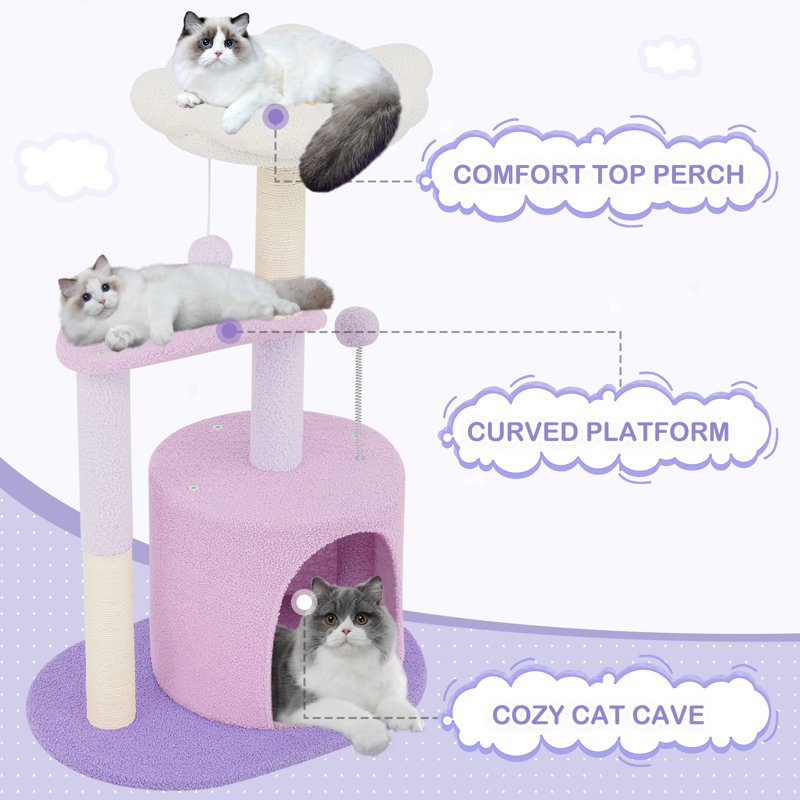 Purple Freestanding Sisal Cat Tree Tower with Cozy Perches