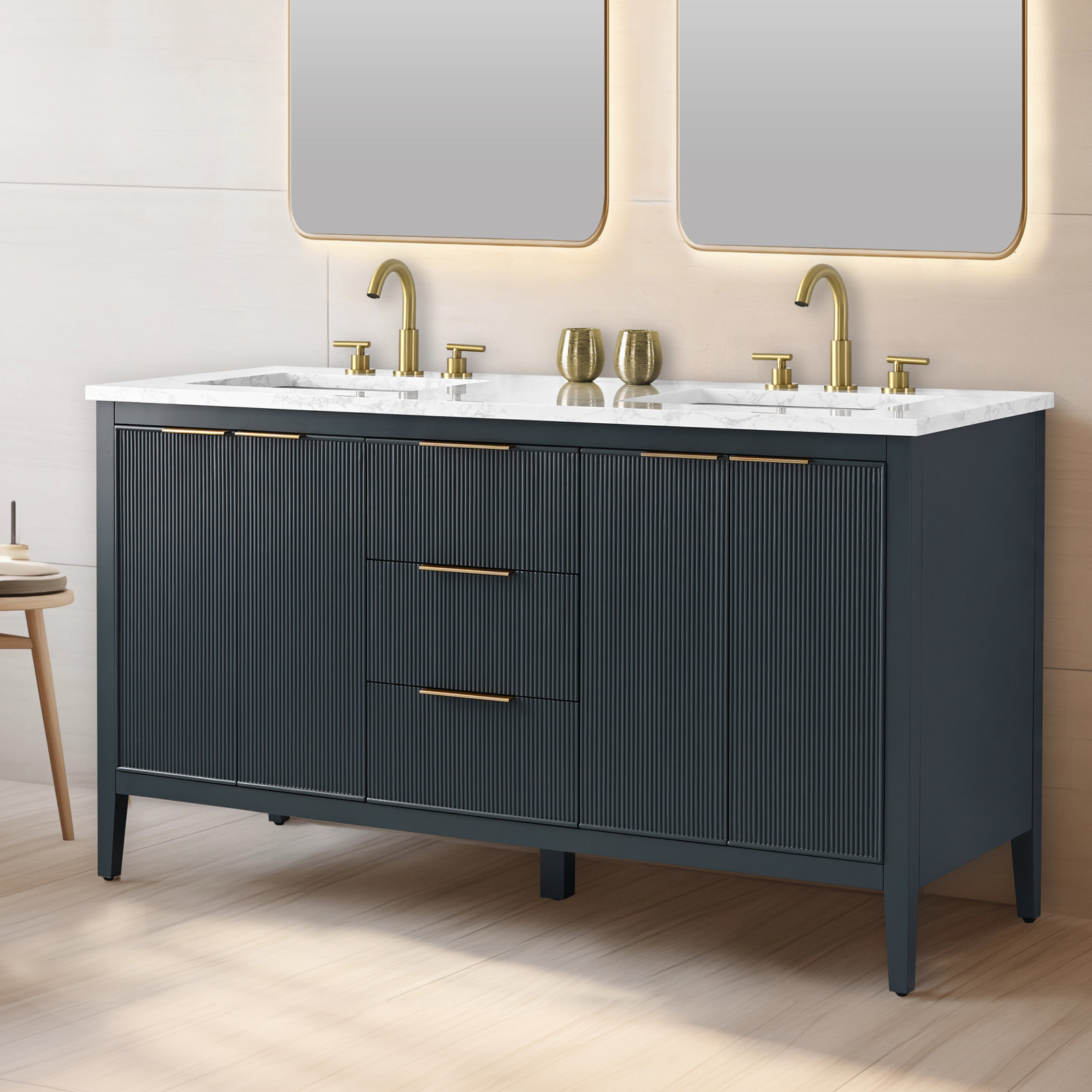 Bilroy 60" Pine Double Bathroom Vanity, Vintage Blue/Brushed Bronze