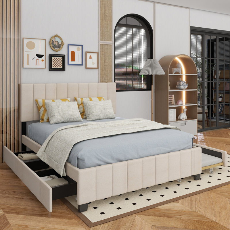 Queen Size Velvet Upholstered Platform Bed With 2 Drawers And 1 Twin XL Trundle, Beige